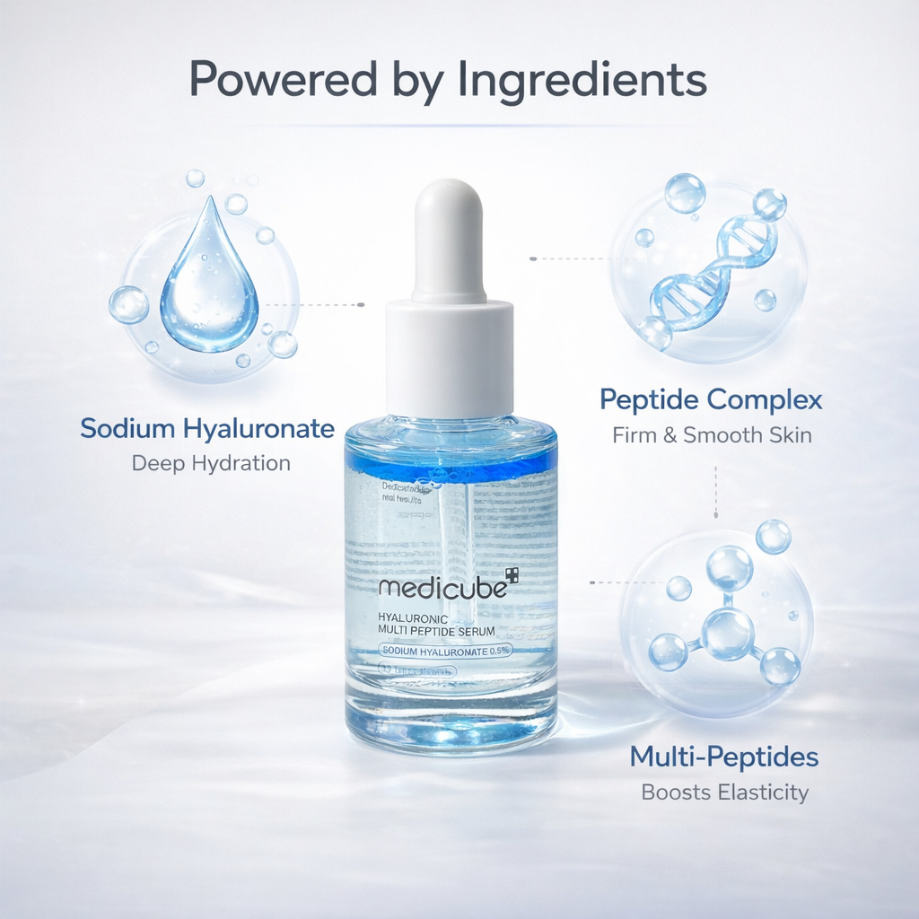 Medicube Hyaluronic Multi Peptide Serum 30ml face serum bottle for deep hydration and anti-aging skin care solution