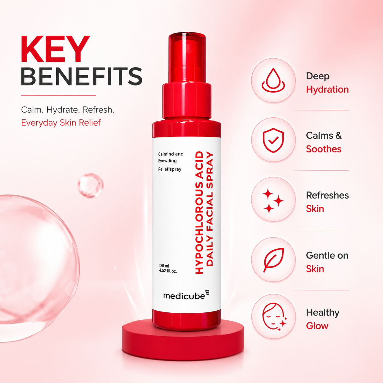 Medicube Hypochlorous Acid Daily Facial Spray 125ml facial mist for sensitive skin, helping calm irritation and refresh skin daily.