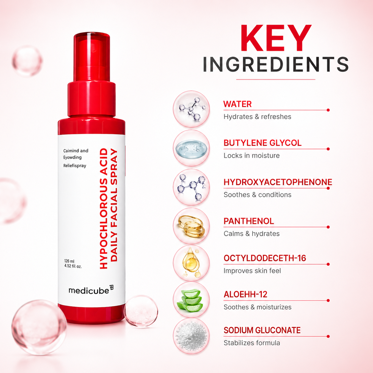 Medicube Hypochlorous Acid Daily Facial Spray 125ml facial mist for sensitive skin, helping calm irritation and refresh skin daily.