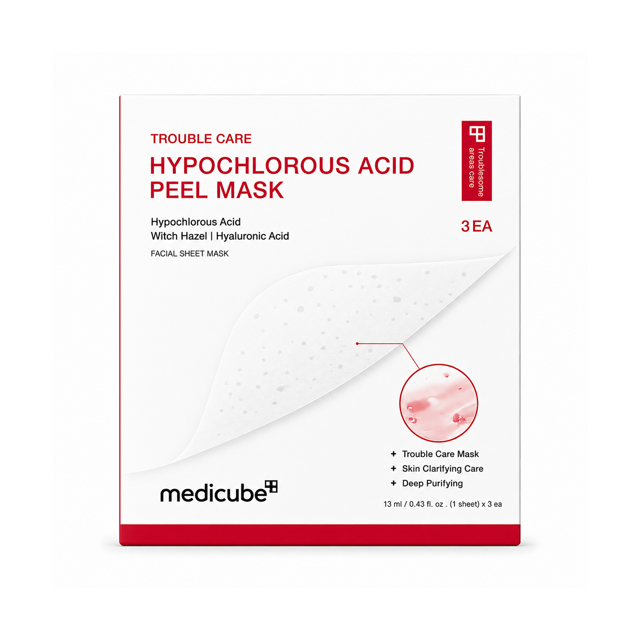 Medicube Hypochlorous Acid Peel Mask Trouble Care Facial Sheet Mask 13ml x 3 for acne-prone skin with pore-purifying and soothing care