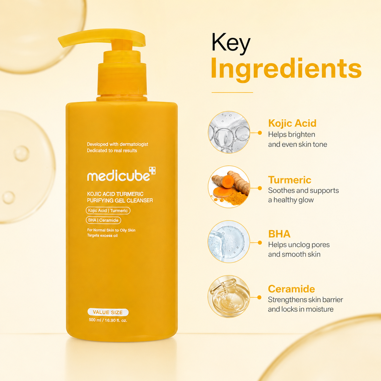 Medicube Kojic Acid Turmeric Purifying Gel Cleanser 500ml, facial cleanser for excess oil and normal to oily skin