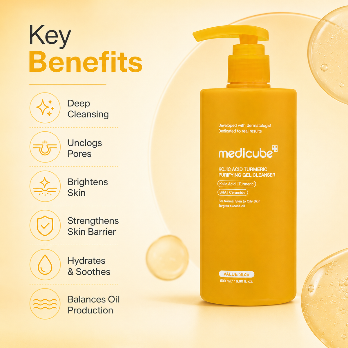 Medicube Kojic Acid Turmeric Purifying Gel Cleanser 500ml, facial cleanser for excess oil and normal to oily skin