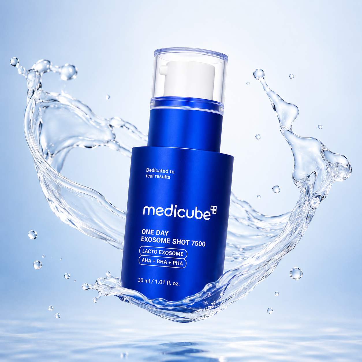 Medicube One Day Exosome Shot 7500 Exfoliating Face Serum 30ml with Lacto Exosome, AHA, BHA and PHA for smoother-looking pores and skin texture.