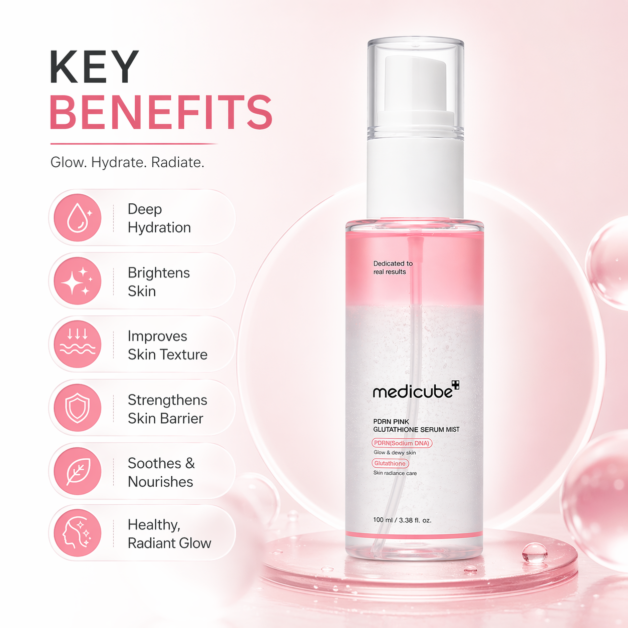 Medicube PDRN Pink Glutathione Serum Mist 100ml face mist bottle for skin brightening and hydration