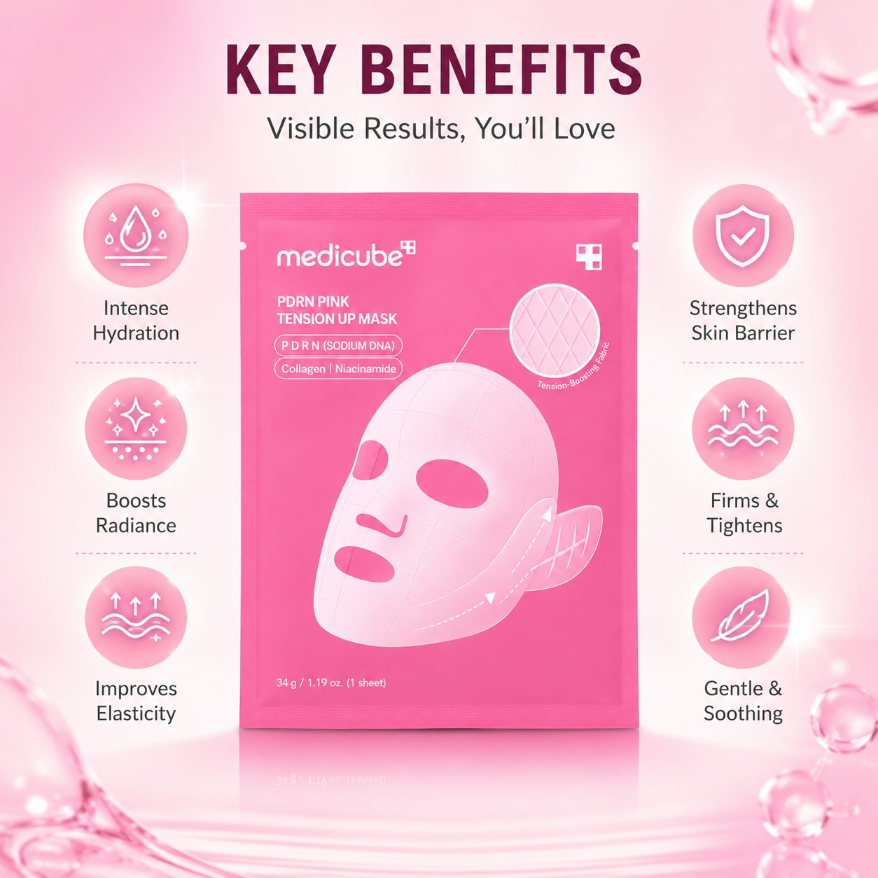Medicube PDRN Pink Tension Up Mask hydrogel sheet mask 34g with PDRN, Collagen and Niacinamide for firmer, hydrated, radiant skin.