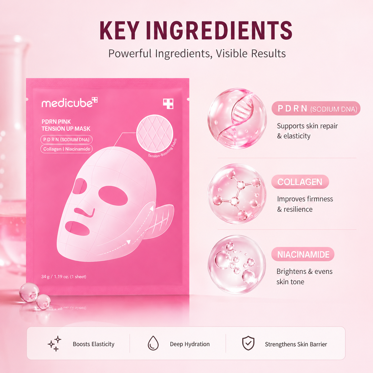 Medicube PDRN Pink Tension Up Mask hydrogel sheet mask 34g with PDRN, Collagen and Niacinamide for firmer, hydrated, radiant skin.