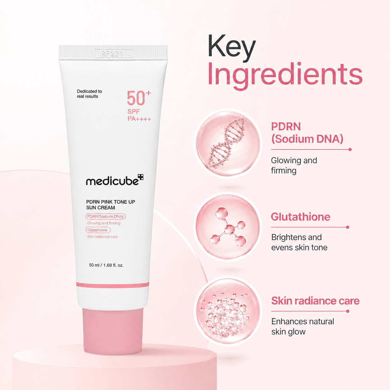 Medicube PDRN Pink Tone Up Sun Cream SPF 50+ PA++++ 50ml for brightening and radiant-looking skin