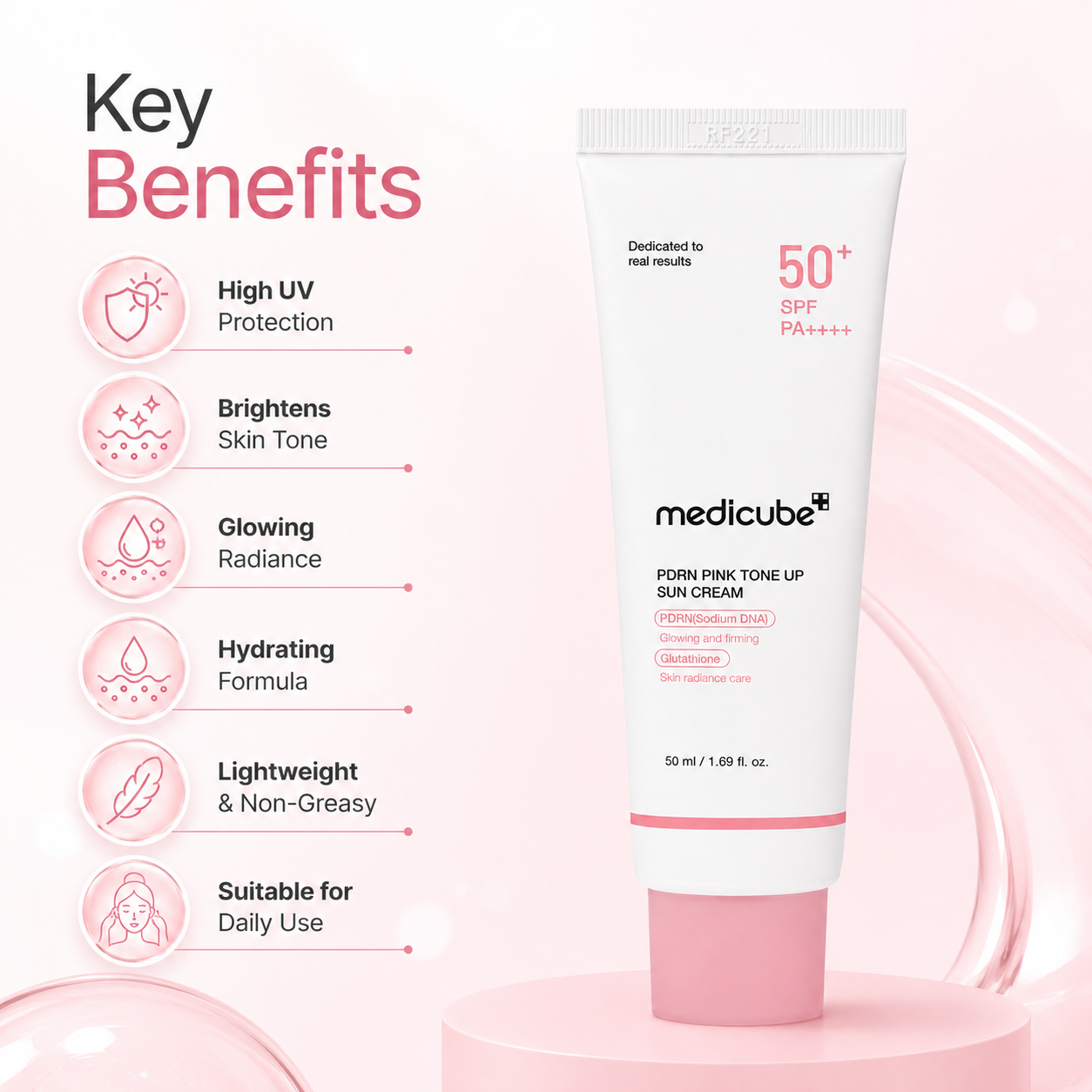 Medicube PDRN Pink Tone Up Sun Cream SPF 50+ PA++++ 50ml for brightening and radiant-looking skin