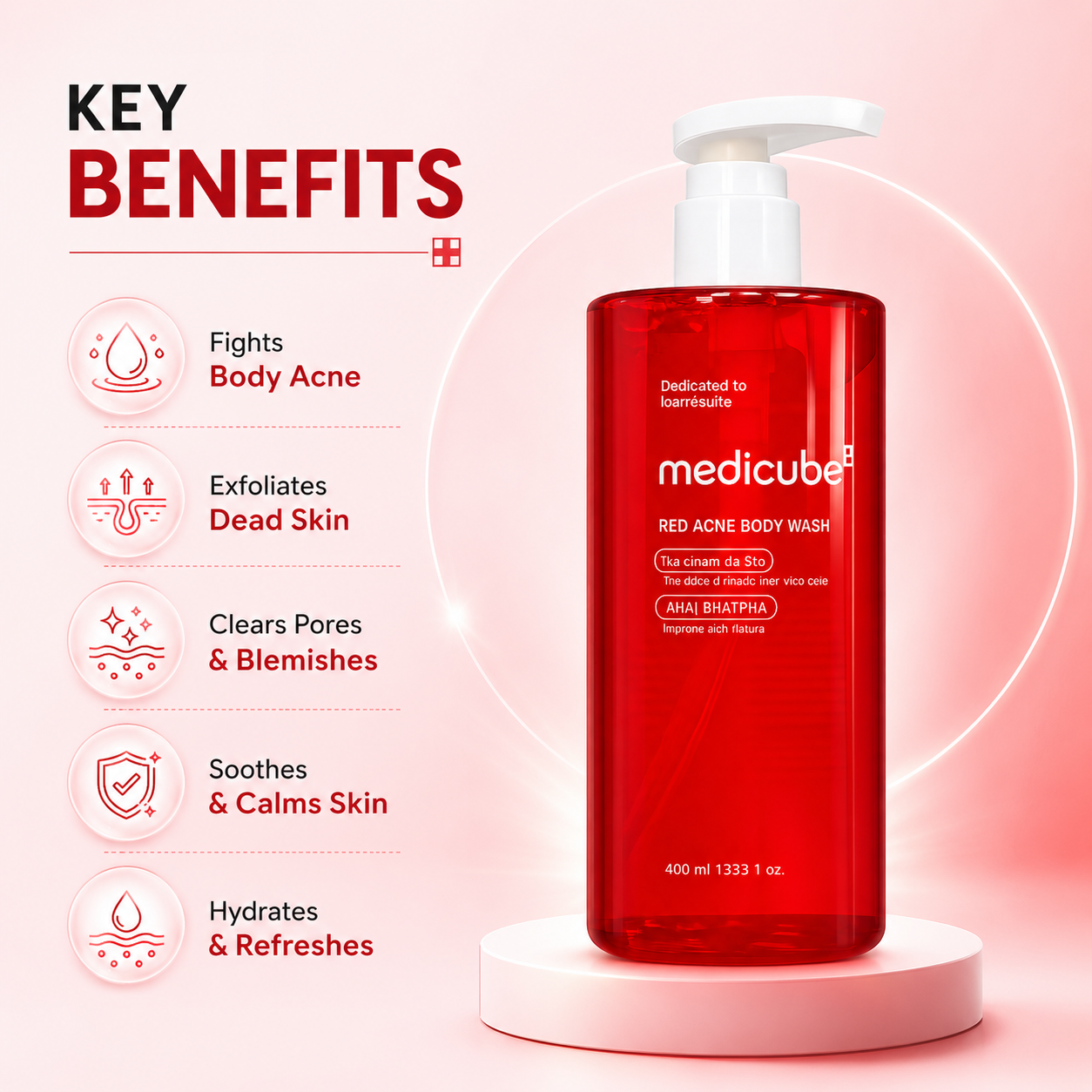 Medicube Red Acne Body Wash 400ml acne care body wash with 5% Niacinamide and AHA BHA PHA to help reduce body acne and improve skin texture.