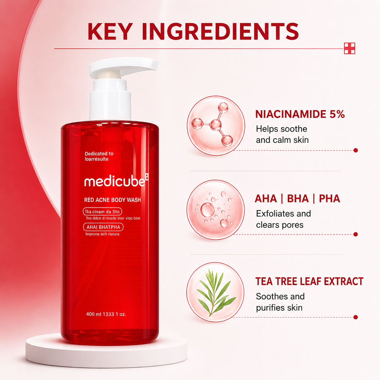 Medicube Red Acne Body Wash 400ml acne care body wash with 5% Niacinamide and AHA BHA PHA to help reduce body acne and improve skin texture.