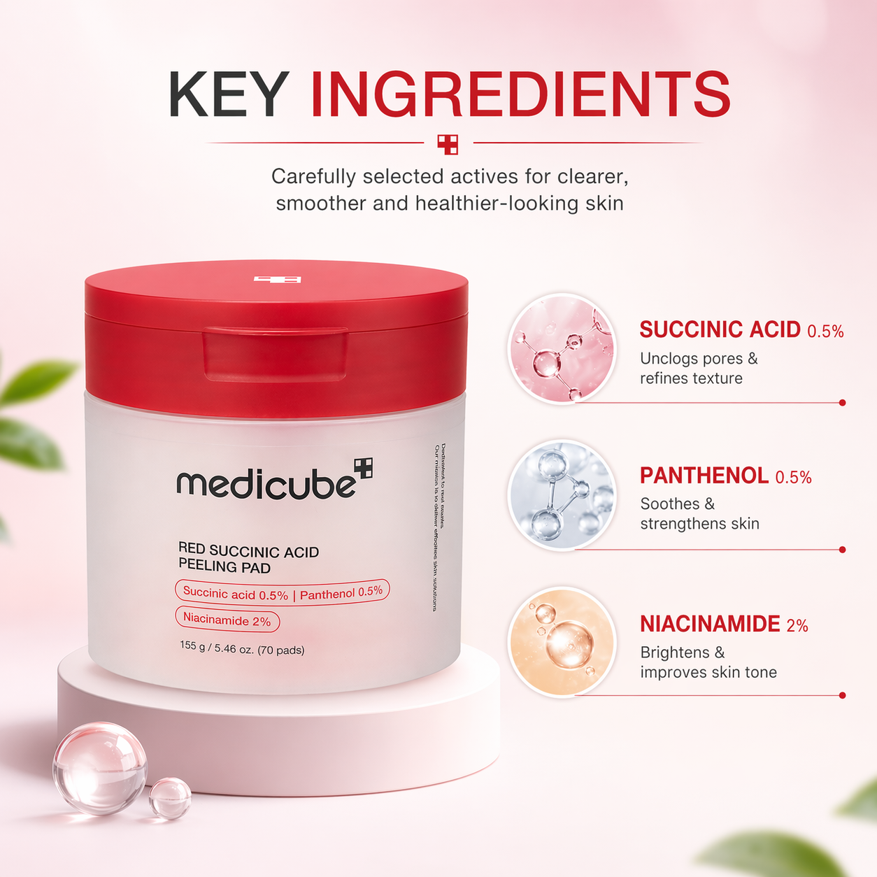 Medicube Red Succinic Acid Peeling Pad exfoliating toner pads 155g for acne, blackheads, and pore care skincare jar