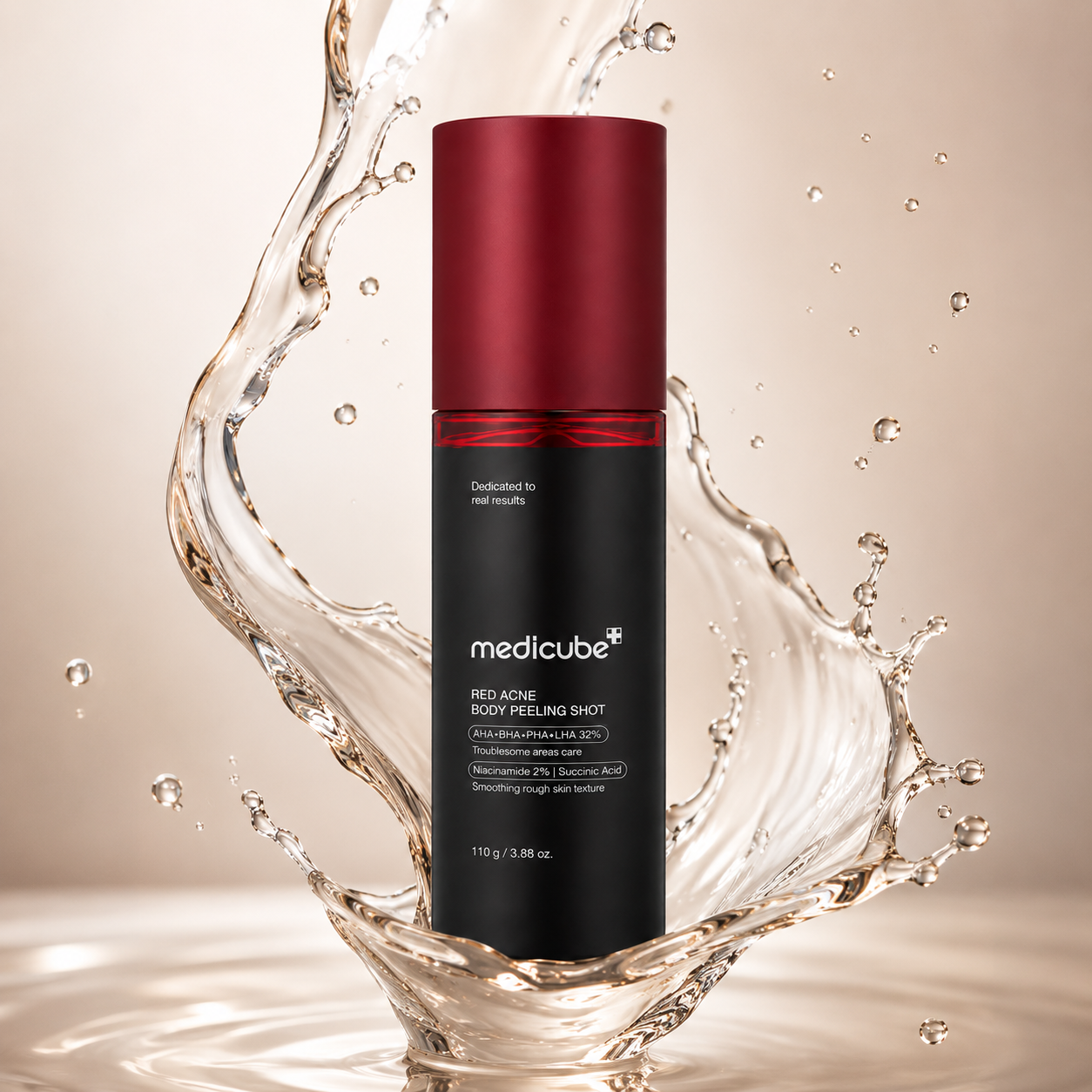 Medicube Red Acne Body Peeling Shot 110g body acne treatment with AHA BHA PHA LHA complex to exfoliate rough skin and unclog pores.