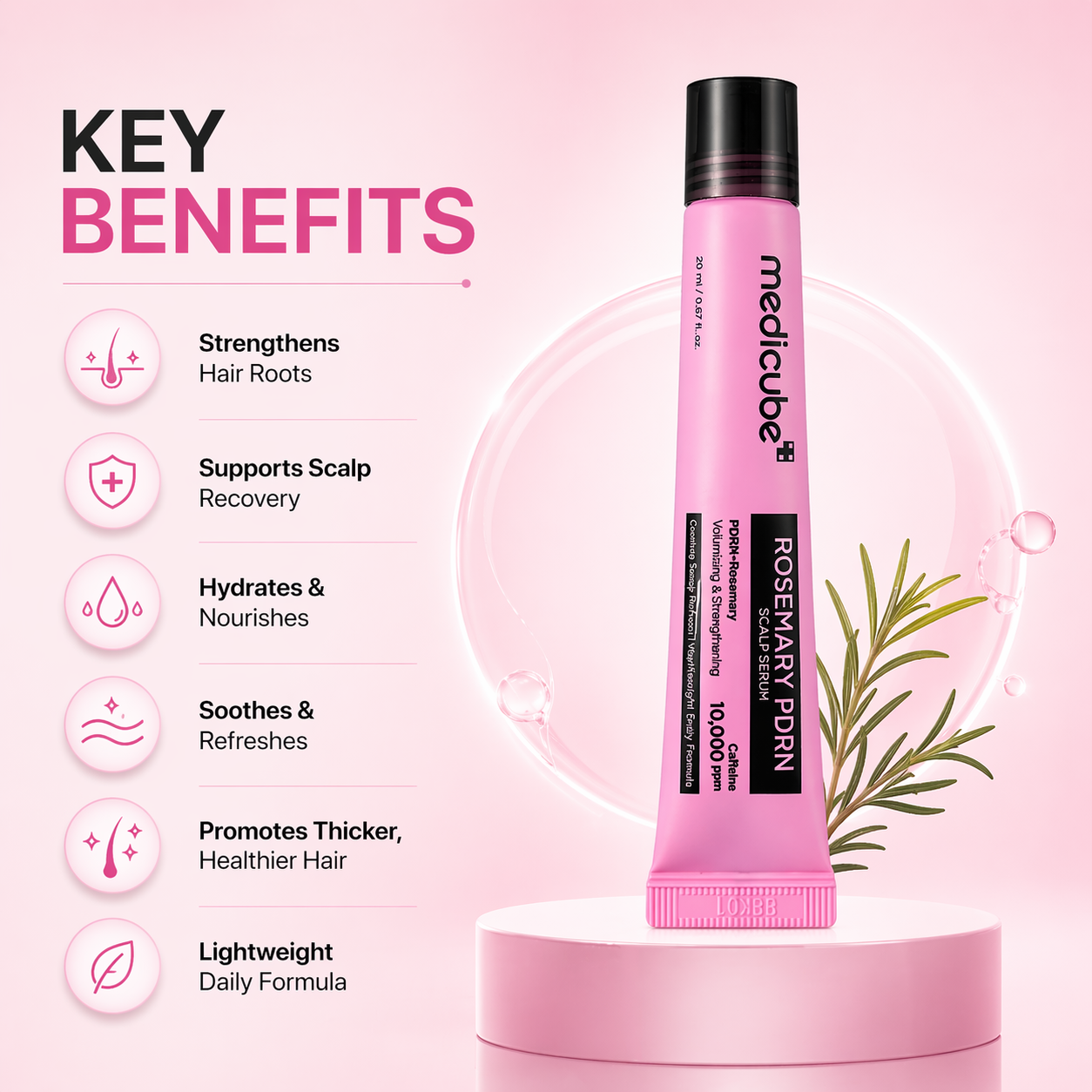 medicube Rosemary PDRN Scalp Serum 20ml tube for hair strengthening and scalp care with caffeine and rosemary extract