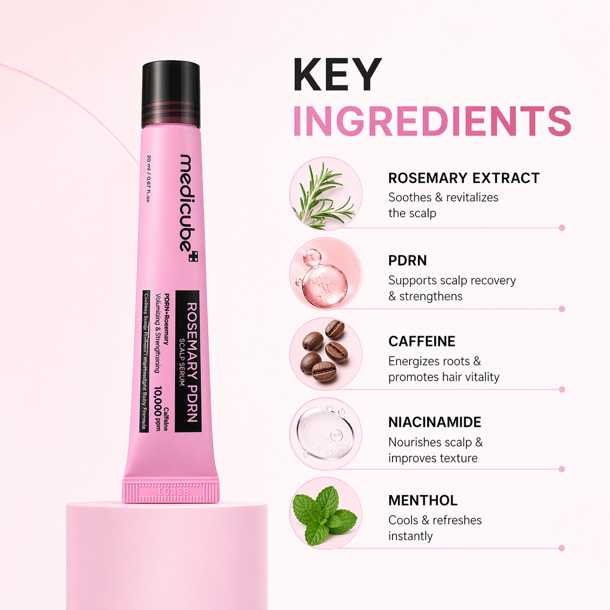 medicube Rosemary PDRN Scalp Serum 20ml tube for hair strengthening and scalp care with caffeine and rosemary extract