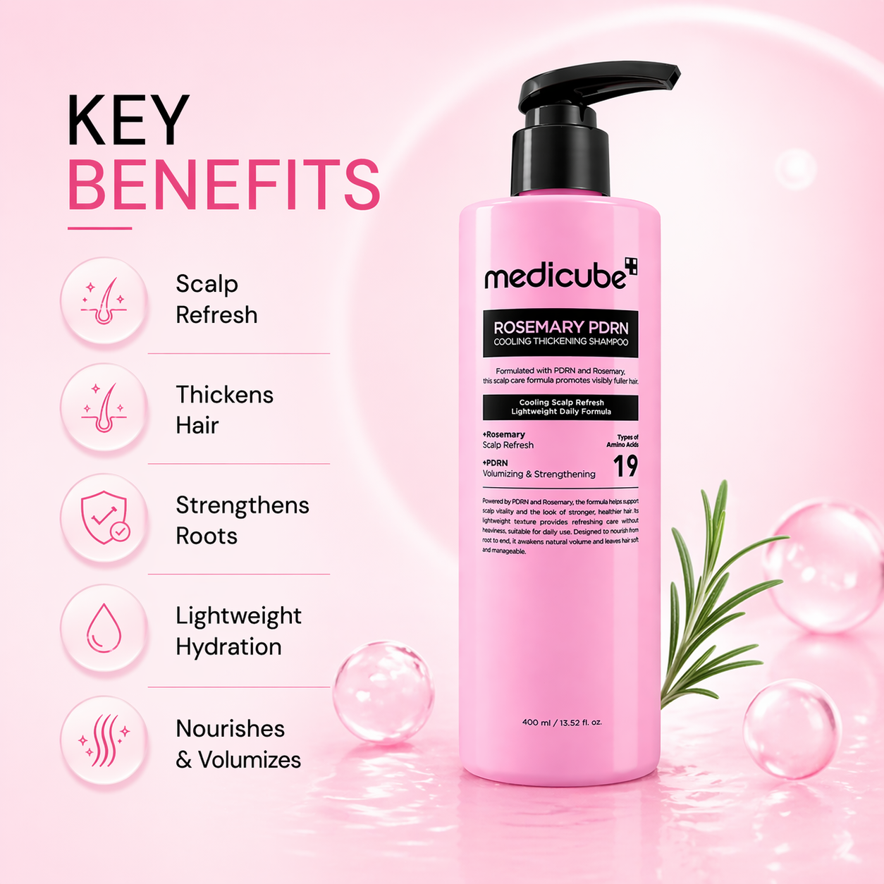 Medicube Rosemary PDRN Cooling Thickening Shampoo 400ml bottle for hair volume and scalp care