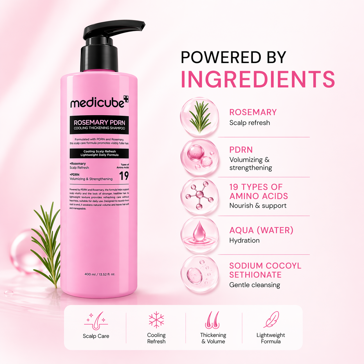 Medicube Rosemary PDRN Cooling Thickening Shampoo 400ml bottle for hair volume and scalp care