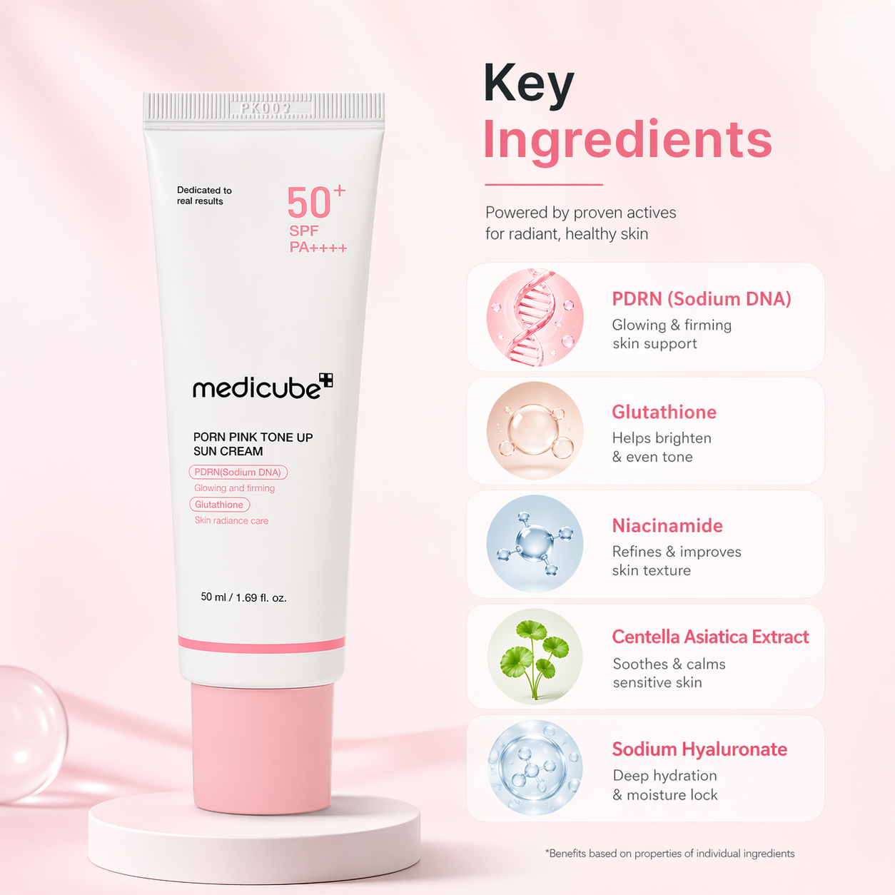 Medicube PDRN Pink Tone Up Sun Cream SPF50+ PA++++ 50ml tube, brightening tone-up sunscreen for daily UV protection
