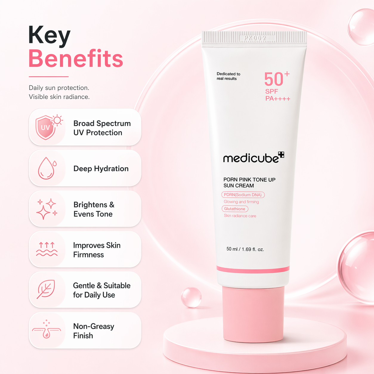 Medicube PDRN Pink Tone Up Sun Cream SPF50+ PA++++ 50ml tube, brightening tone-up sunscreen for daily UV protection