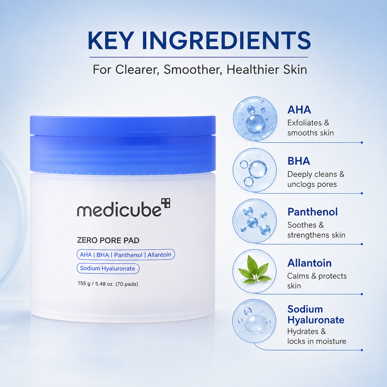 Medicube Zero Pore Pad 2.0 exfoliating toner pads 155g with 70 pads for clearer pores, smoother skin texture, and daily pore care.