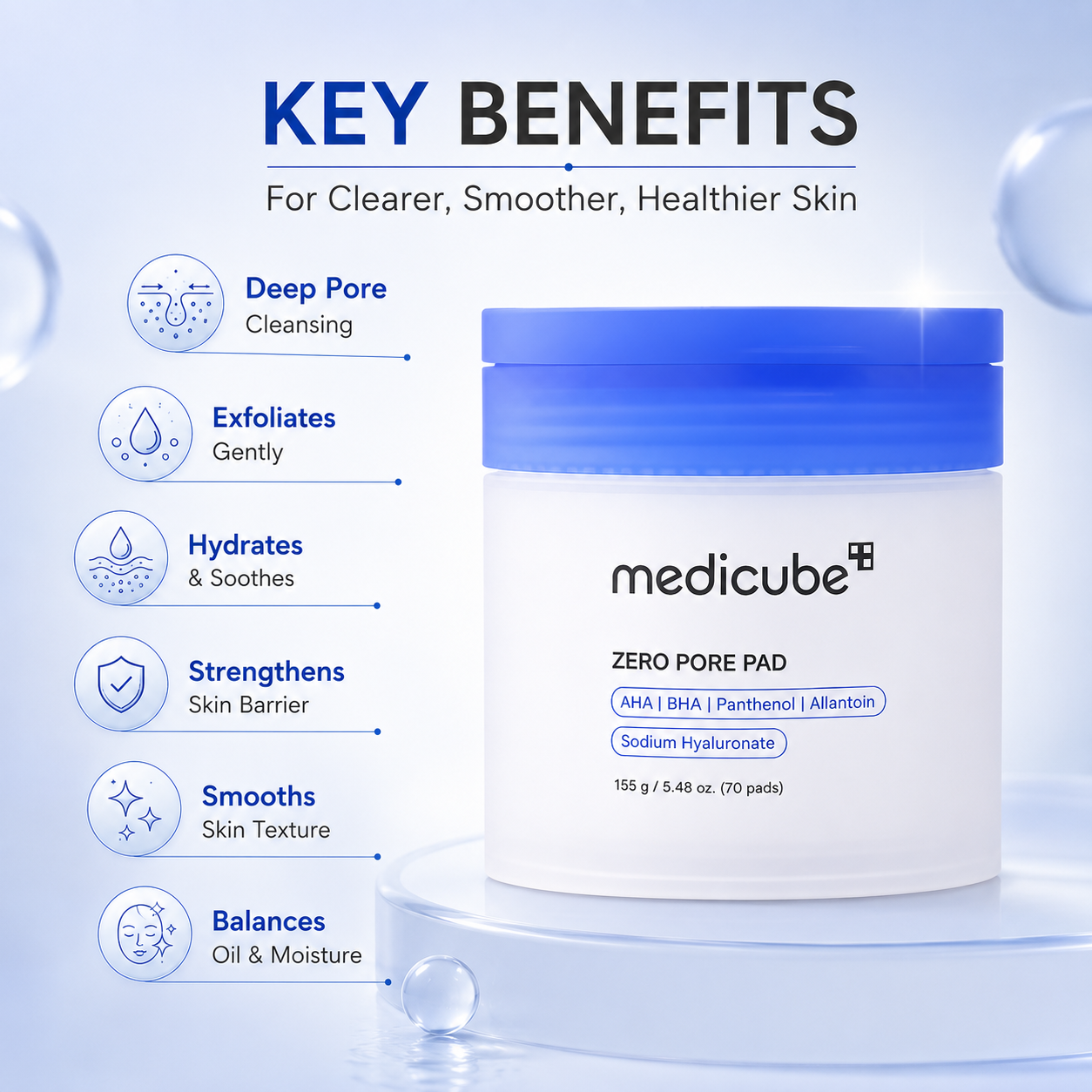 Medicube Zero Pore Pad 2.0 exfoliating toner pads 155g with 70 pads for clearer pores, smoother skin texture, and daily pore care.