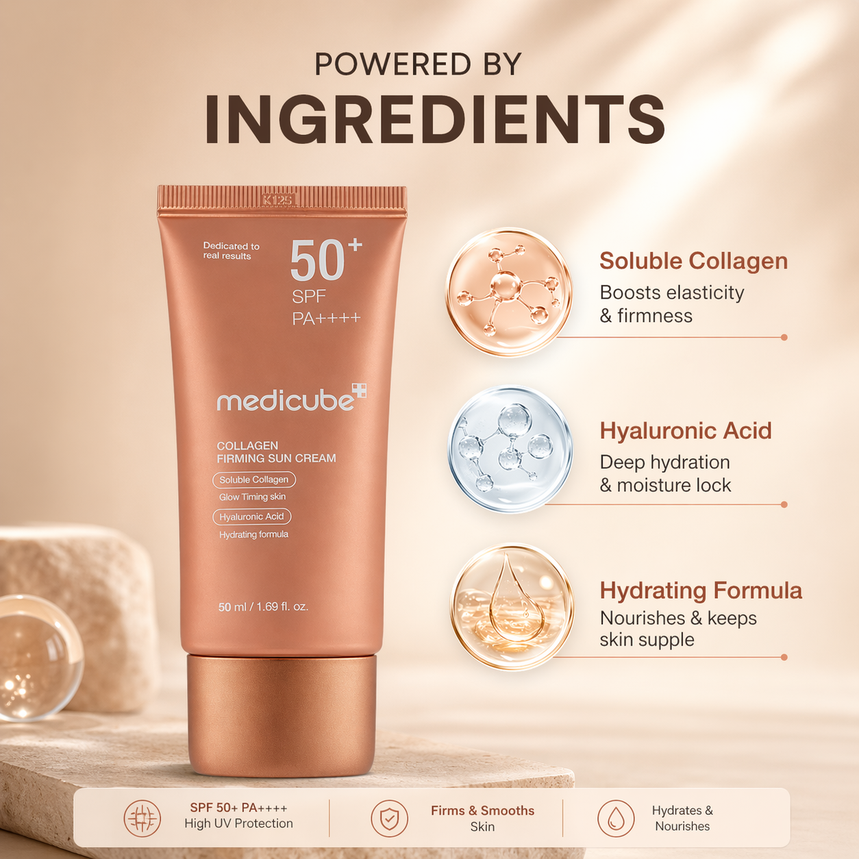 Medicube Collagen Firming Sun Cream SPF50+ PA++++ 50ml sunscreen tube for face with hydrating and firming benefits