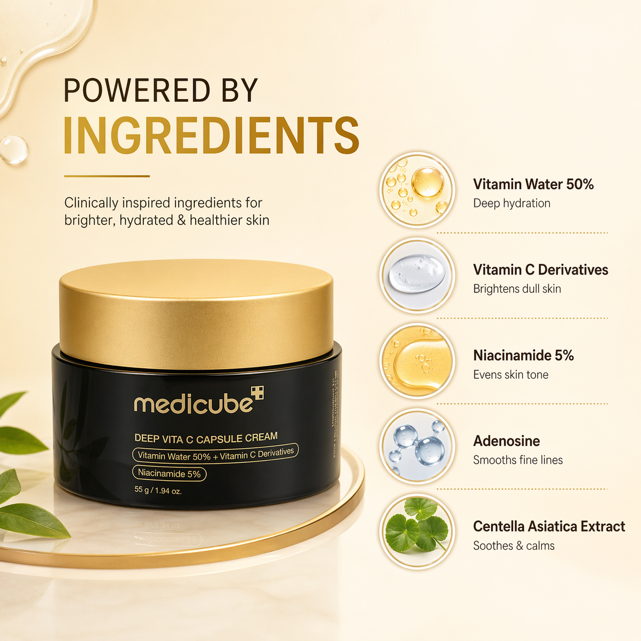 Medicube Deep Vita C Capsule Cream 55g vitamin C face cream for brightening and reducing dark spots in a black jar with gold lid