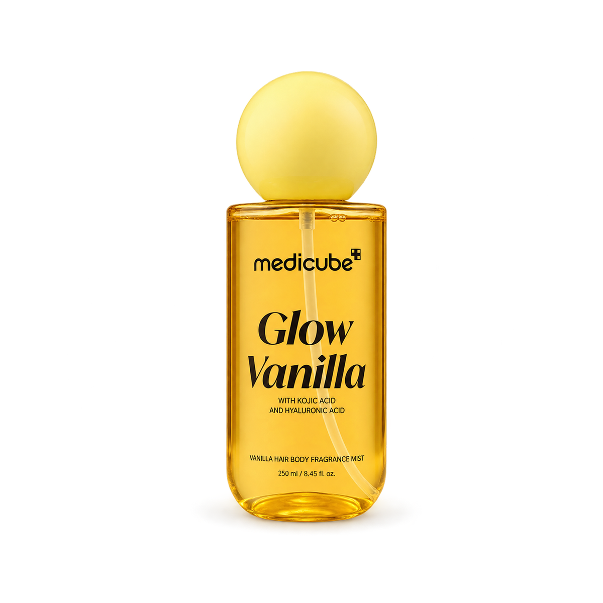 Medicube Glow Vanilla Hair Body Fragrance Mist 250 ml with a sweet vanilla fragrance in a golden bottle with a yellow cap.