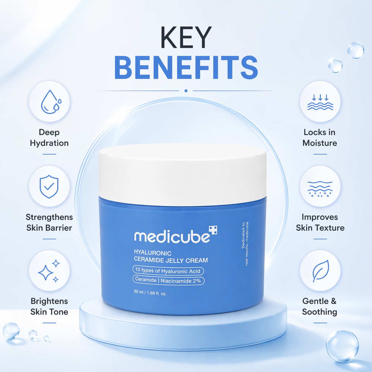 Medicube Hyaluronic Ceramide Jelly Cream 50ml face moisturizer for deep hydration and skin barrier repair in a blue jar