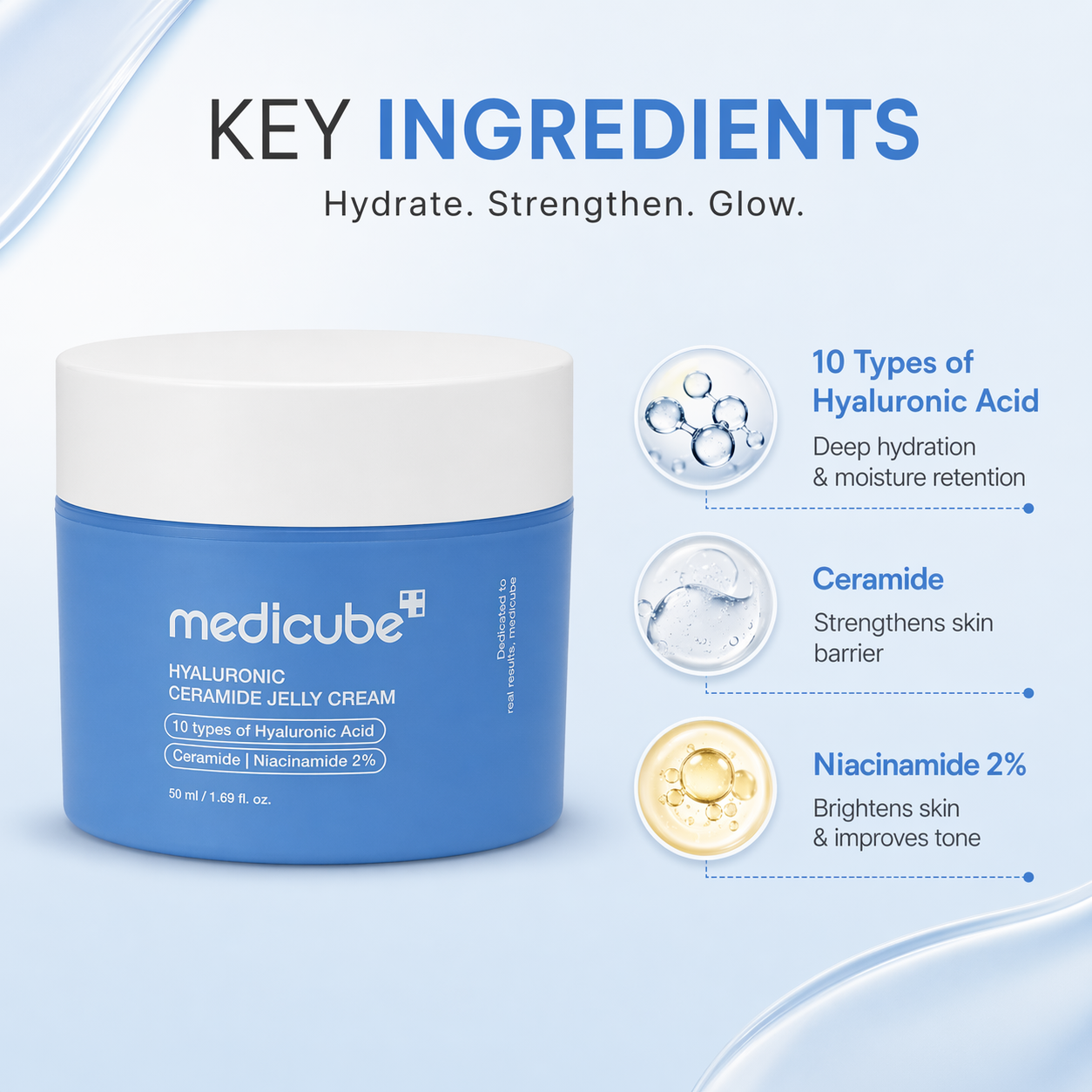 Medicube Hyaluronic Ceramide Jelly Cream 50ml face moisturizer for deep hydration and skin barrier repair in a blue jar