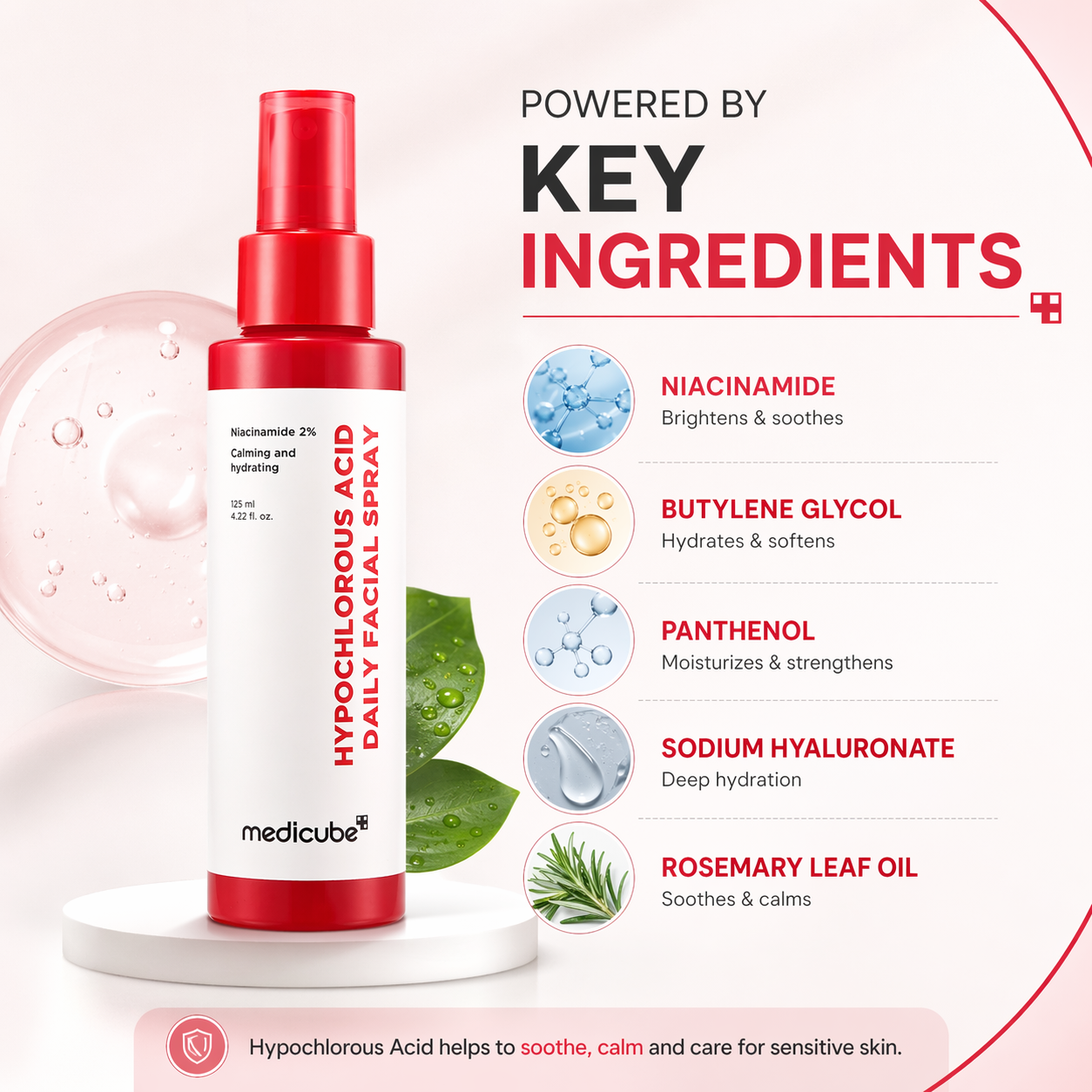 Medicube Hypochlorous Acid Daily Facial Spray 125ml face mist for acne-prone skin, designed to calm irritation and reduce redness