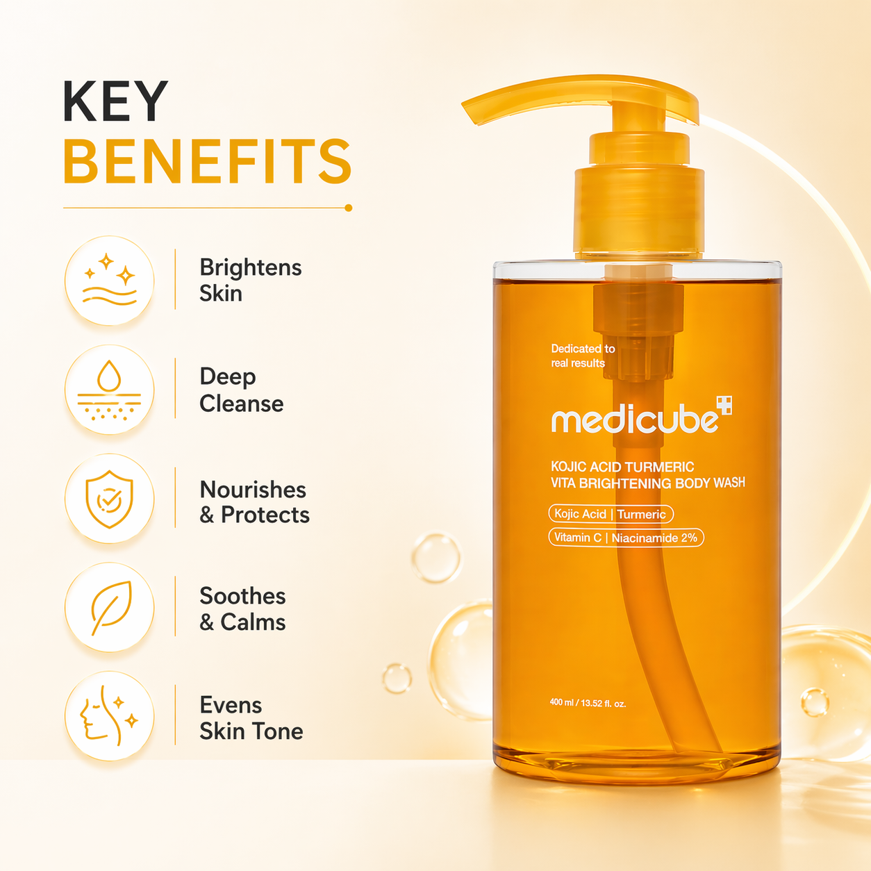 Medicube Kojic Acid Turmeric Vita Brightening Body Wash 400ml bottle for skin brightening and pigmentation care