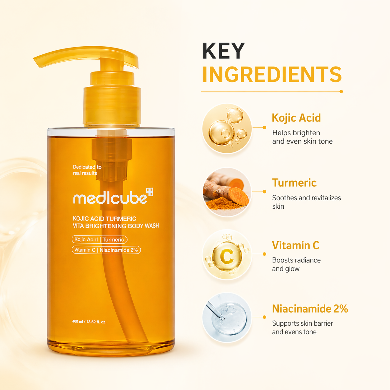 Medicube Kojic Acid Turmeric Vita Brightening Body Wash 400ml bottle for skin brightening and pigmentation care