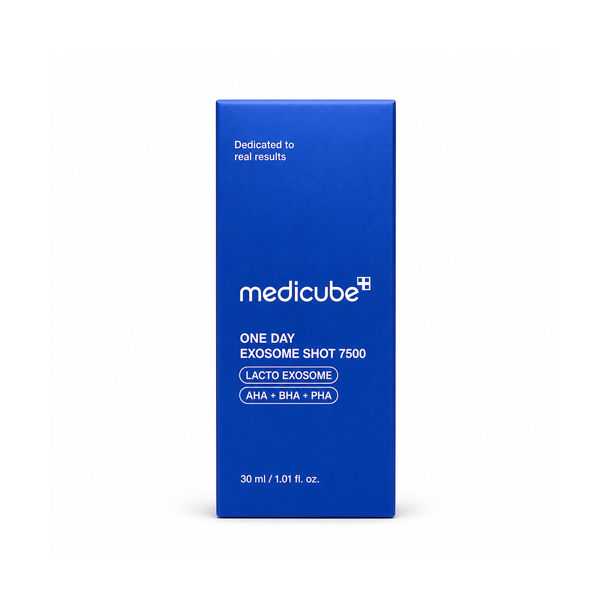 Medicube One Day Exosome Shot 7500 Exfoliating Face Serum 30ml with Lacto Exosome, AHA, BHA and PHA for smoother-looking pores and skin texture.
