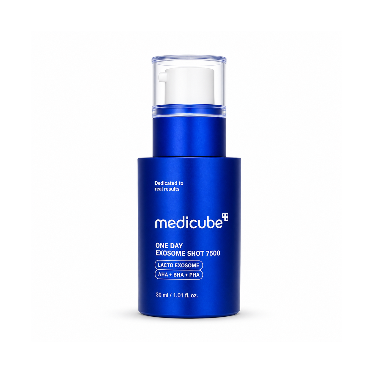 Medicube One Day Exosome Shot 7500 Exfoliating Face Serum 30ml with Lacto Exosome, AHA, BHA and PHA for smoother-looking pores and skin texture.