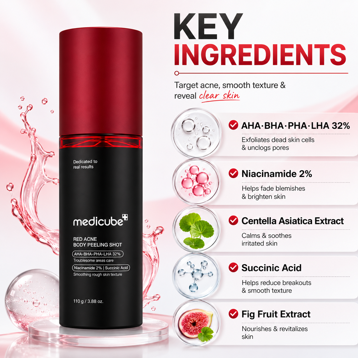 Medicube Red Acne Body Peeling Shot 110g body acne treatment with AHA BHA PHA LHA complex to exfoliate rough skin and unclog pores.