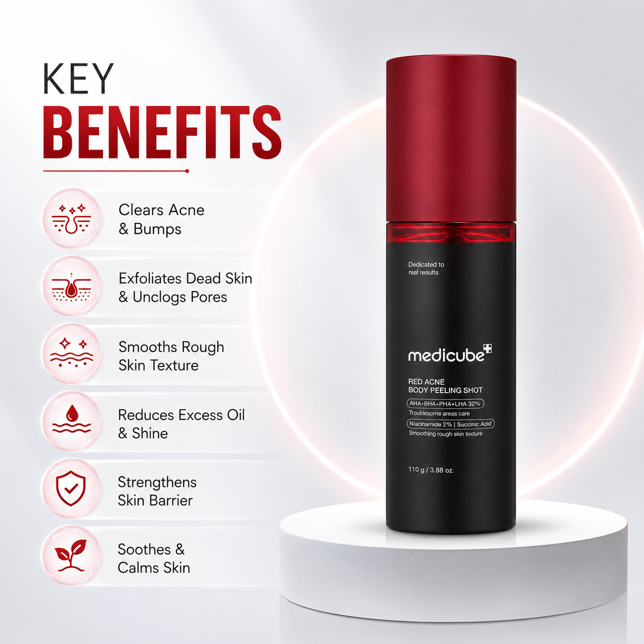 Medicube Red Acne Body Peeling Shot 110g body acne treatment with AHA BHA PHA LHA complex to exfoliate rough skin and unclog pores.