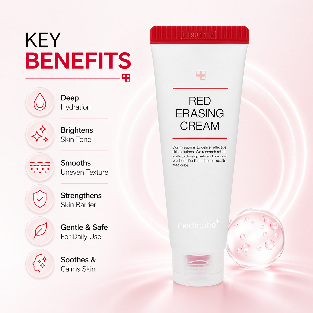 Medicube Red Erasing Cream 2.0 acne redness relief face cream tube, soothing moisturizer for sensitive and acne-prone skin