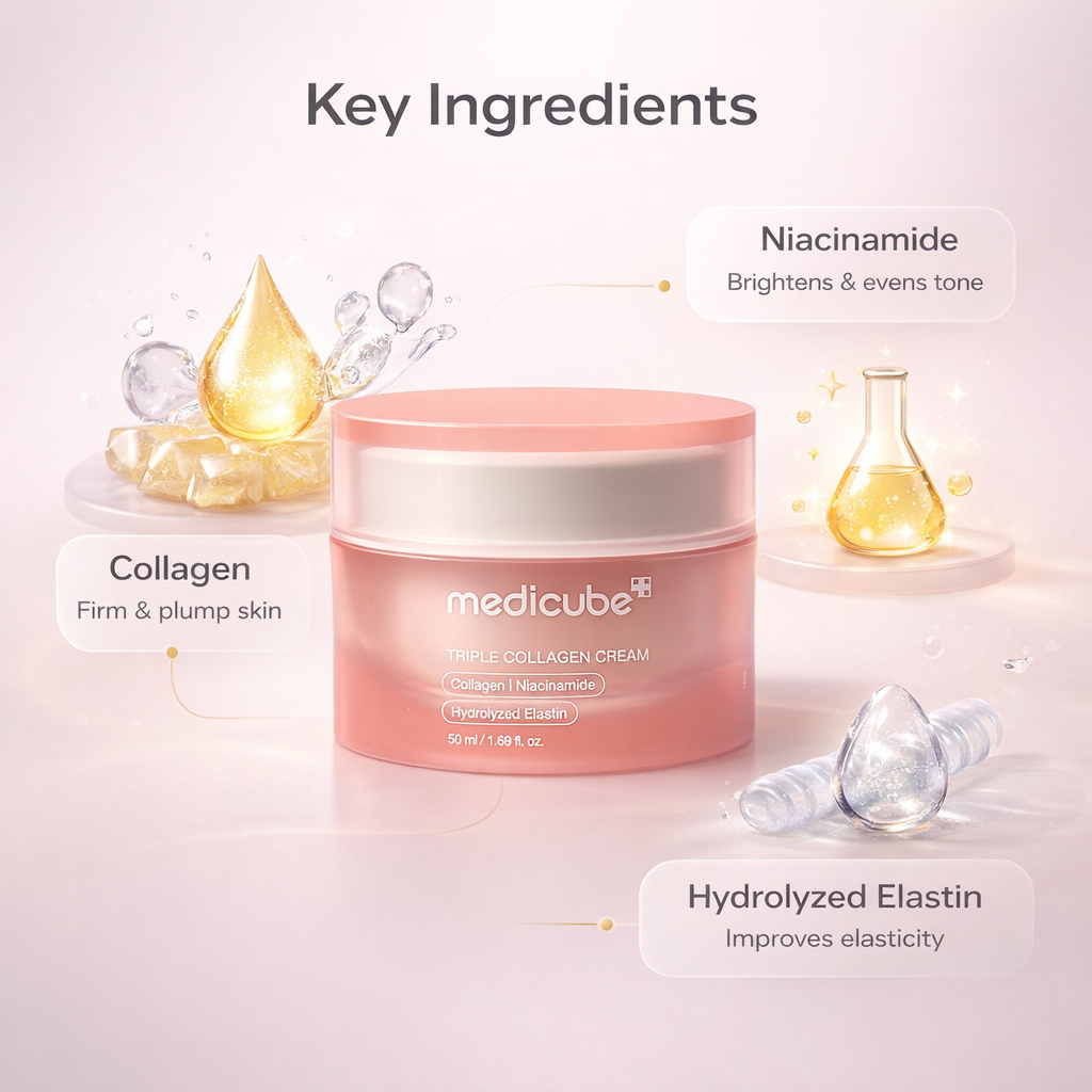 Medicube Triple Collagen Cream 4.0 50ml anti-aging face cream for firming and hydration in a pink jar packaging