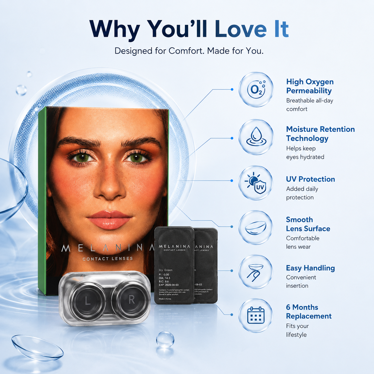 Melanina Icy Green Colored Contact Lenses 6 Months cosmetic contact lenses for natural green eye color enhancement and daily wear comfort.