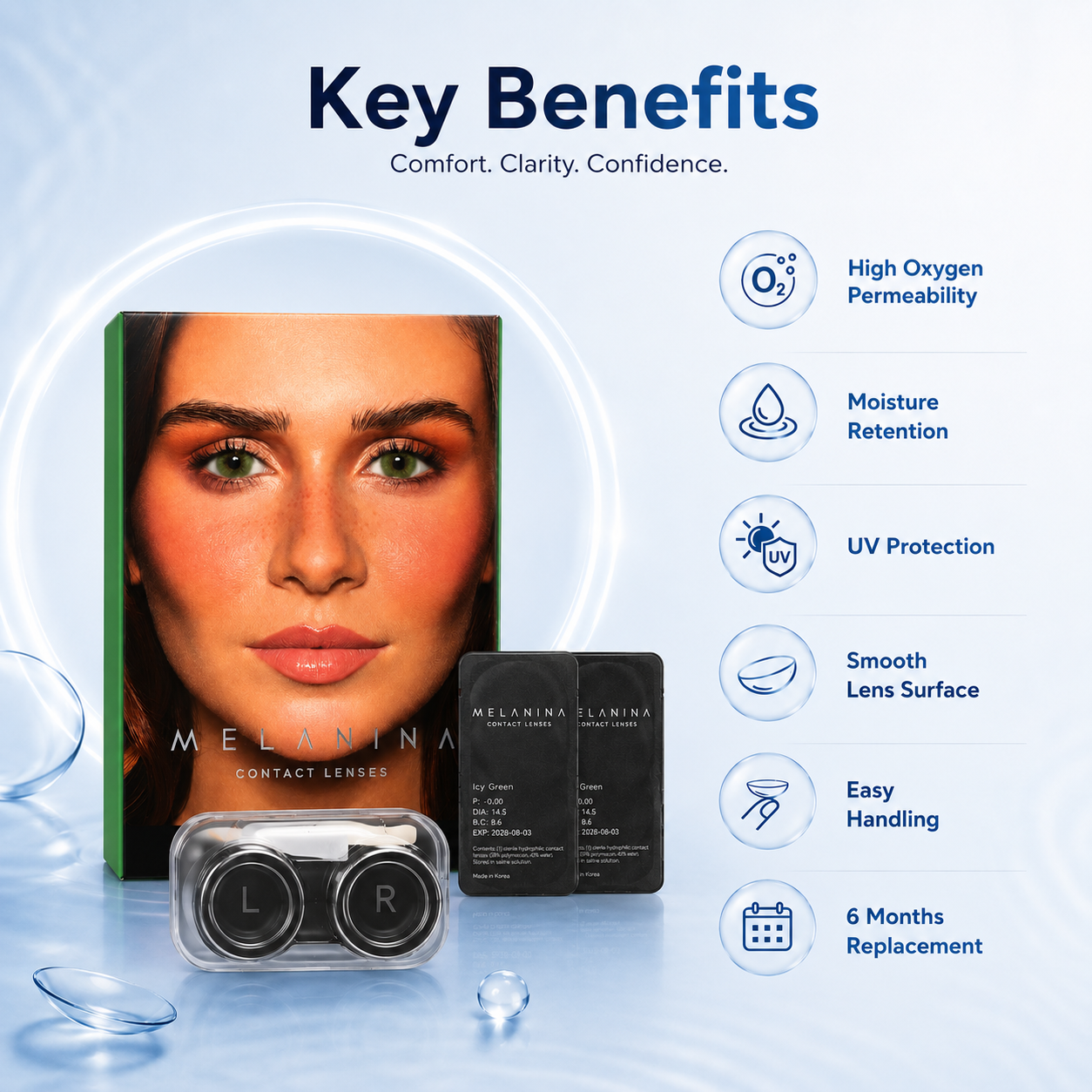 Melanina Icy Green Colored Contact Lenses 6 Months cosmetic contact lenses for natural green eye color enhancement and daily wear comfort.