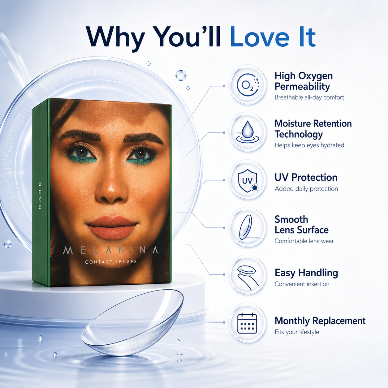 Melanina Aqua Marine Colored Contact Lenses 6 Months cosmetic contact lenses for natural eye color enhancement and everyday wear comfort.