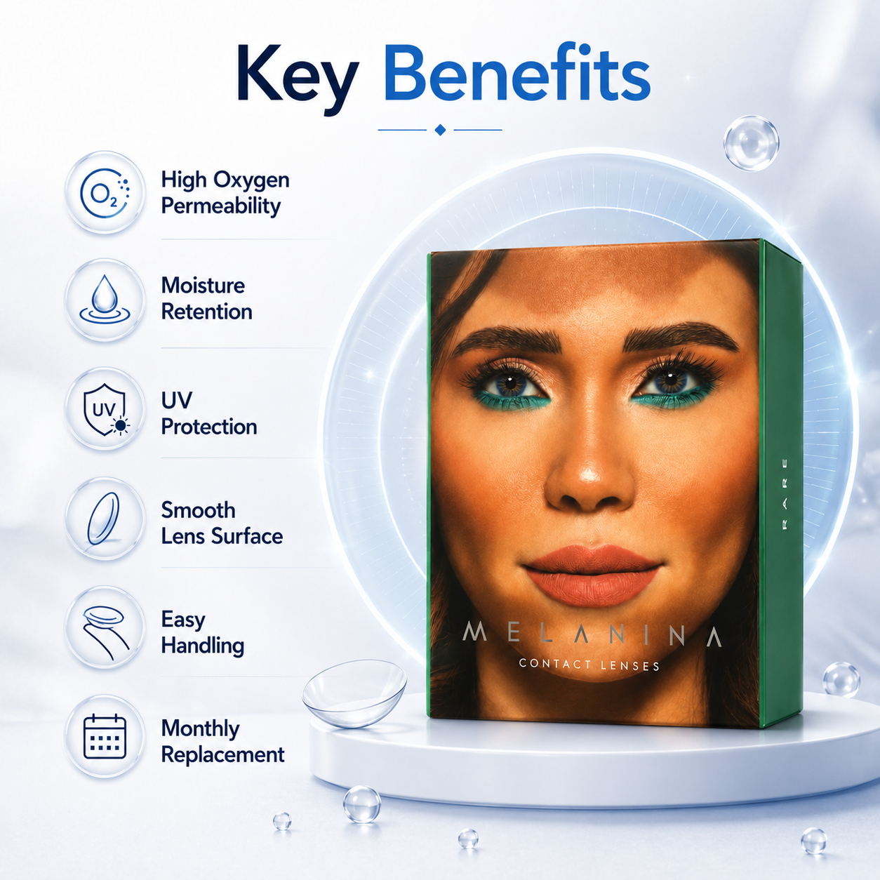 Melanina Aqua Marine Colored Contact Lenses 6 Months cosmetic contact lenses for natural eye color enhancement and everyday wear comfort.