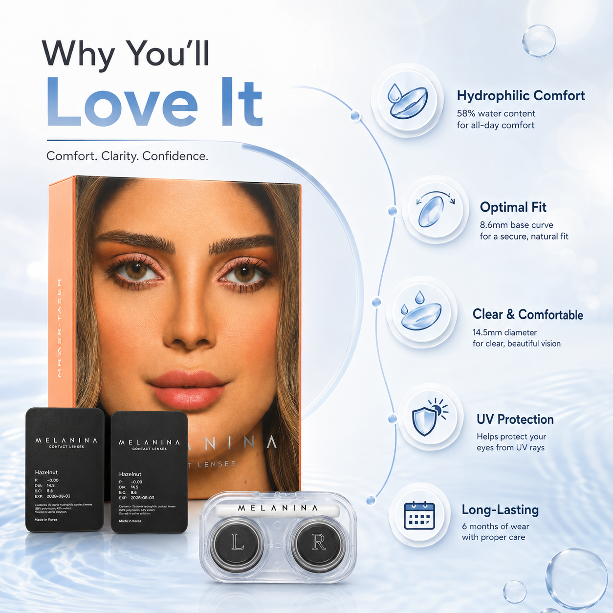 Melanina Hazelnut Colored Contact Lenses 6 Months cosmetic contact lenses for natural eye color enhancement and daily wear comfort.