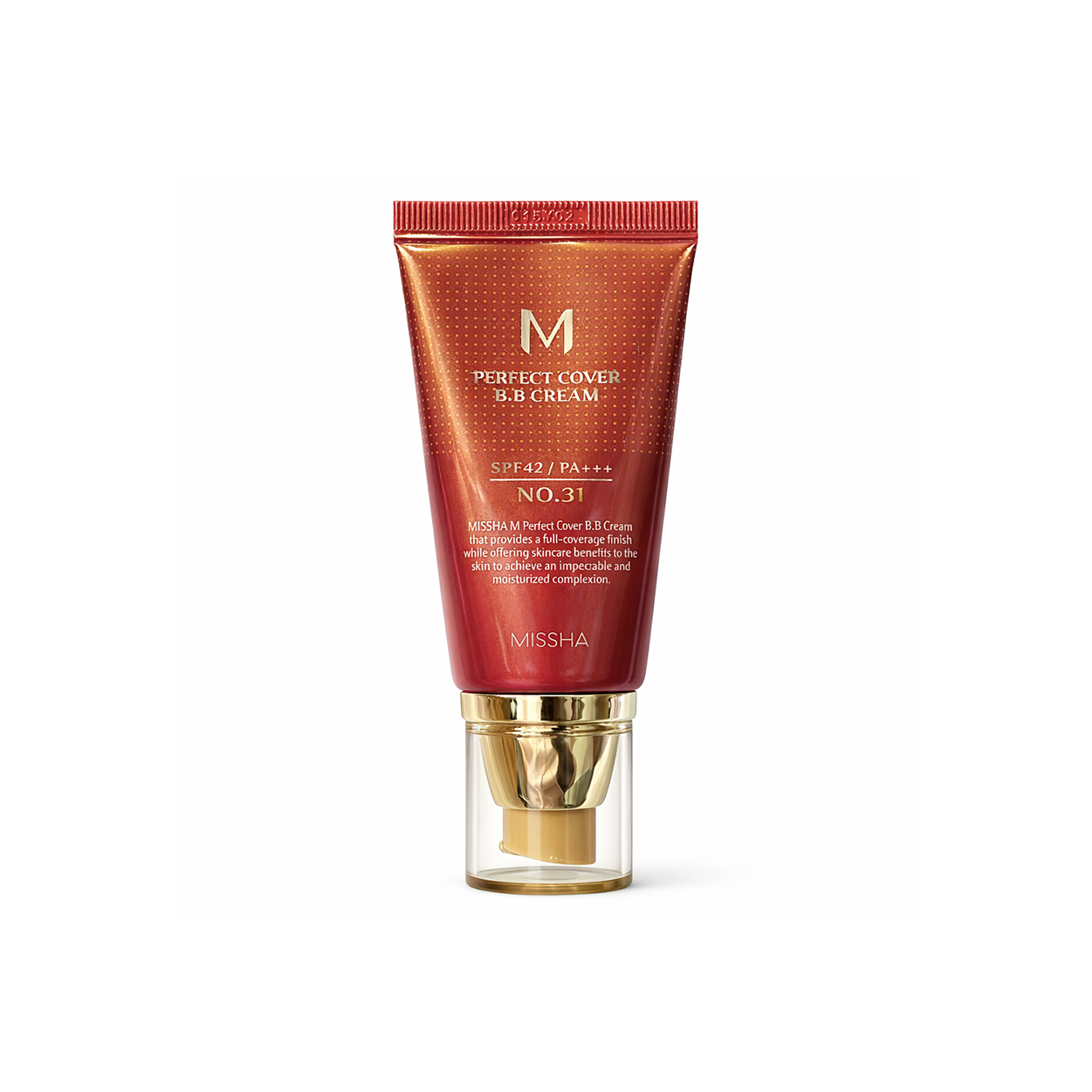 MISSHA M Perfect Cover BB Cream No.31 Golden Beige SPF42 50ml tube providing full coverage with sun protection for daily use