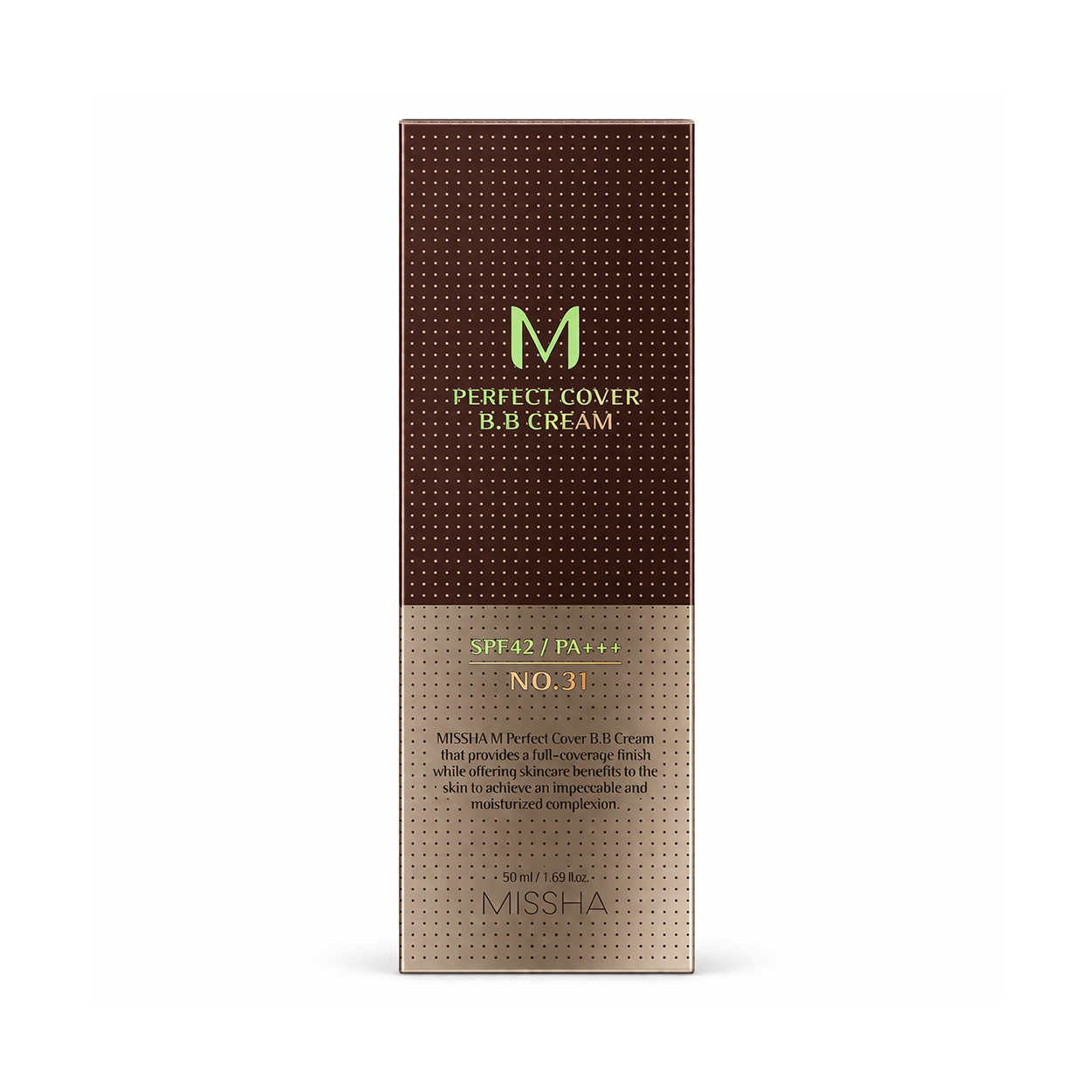 MISSHA M Perfect Cover BB Cream No.31 Golden Beige SPF42 50ml tube providing full coverage with sun protection for daily use
