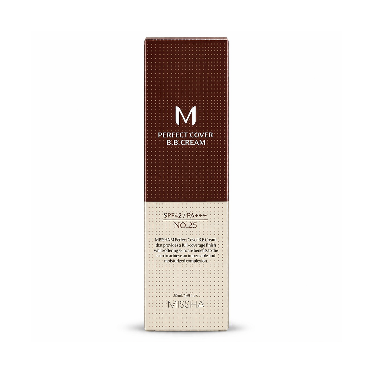 Missha M Perfect Cover BB Cream No.25 Warm Beige SPF42 PA+++ 50ml tube providing full coverage and sun protection