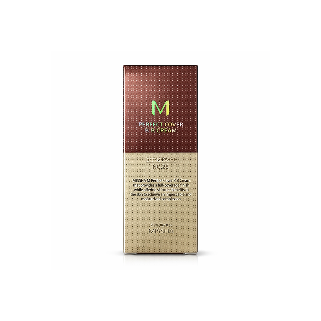 MISSHA M Perfect Cover BB Cream SPF42 PA+++ No.25 Warm Beige 20ml tube providing full coverage with sun protection for daily use