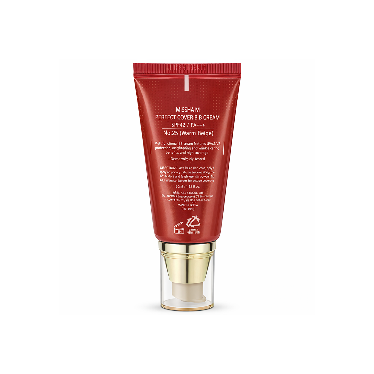 Missha M Perfect Cover BB Cream No.25 Warm Beige SPF42 PA+++ 50ml tube providing full coverage and sun protection