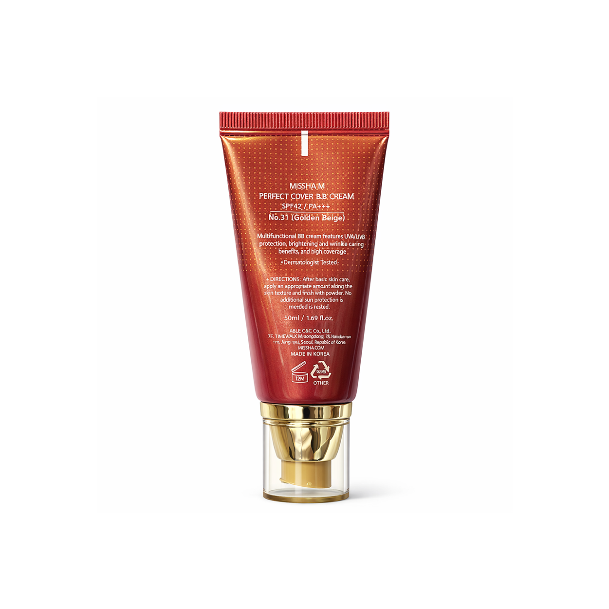 MISSHA M Perfect Cover BB Cream No.31 Golden Beige SPF42 50ml tube providing full coverage with sun protection for daily use