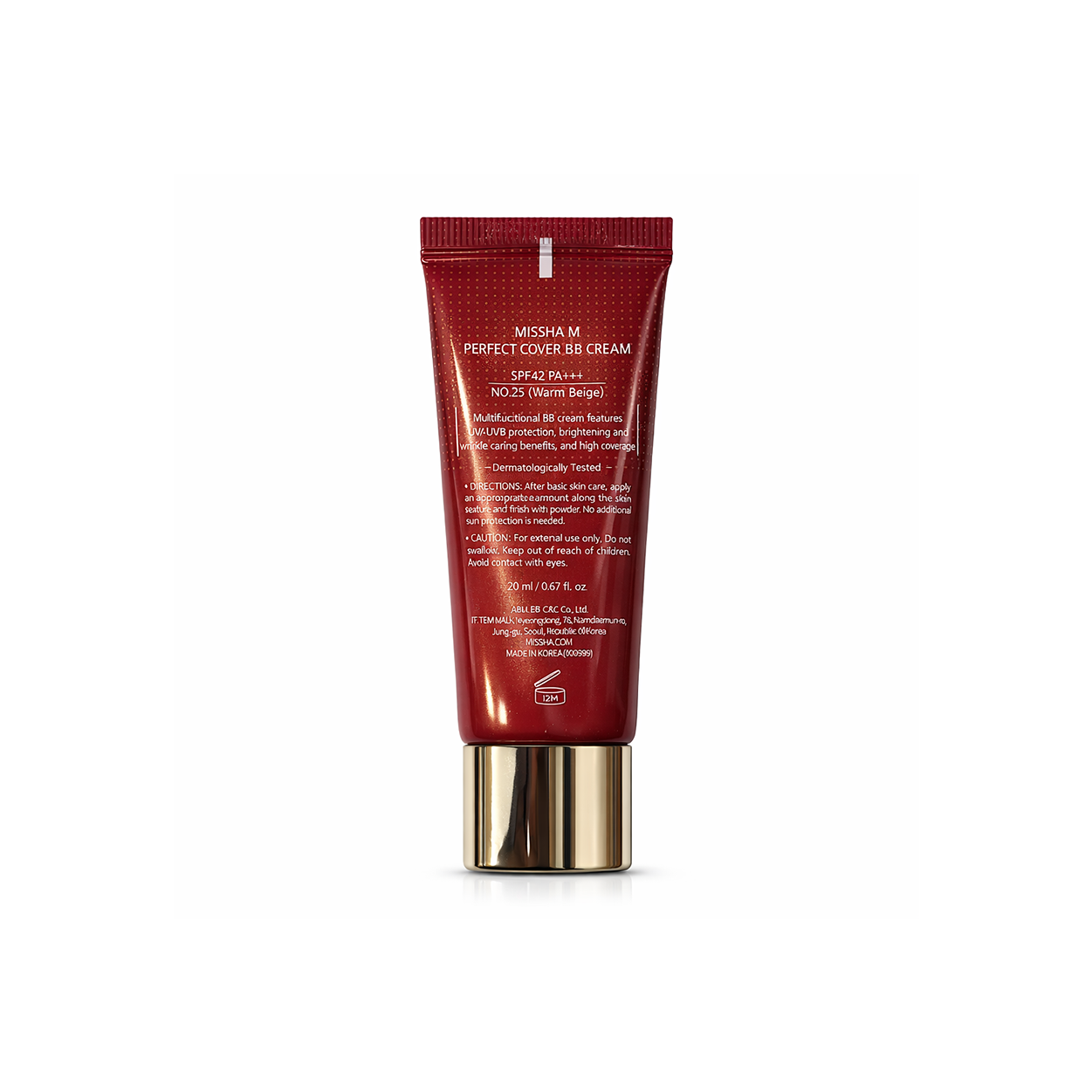 MISSHA M Perfect Cover BB Cream SPF42 PA+++ No.25 Warm Beige 20ml tube providing full coverage with sun protection for daily use